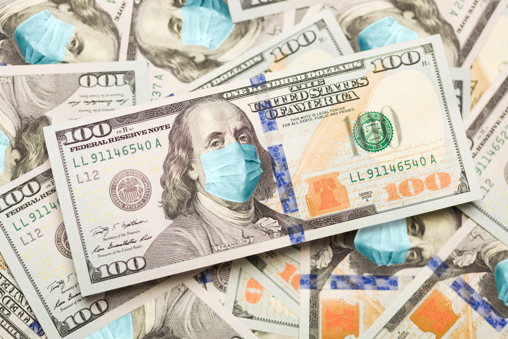 $100 bill with Ben Franklin wearing a facial blue mask